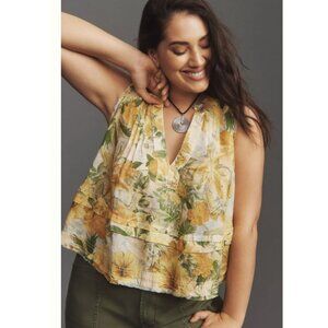 Anthropologie Pilcro Raw-Edge Linen Swing Tank Yellow Floral 1X